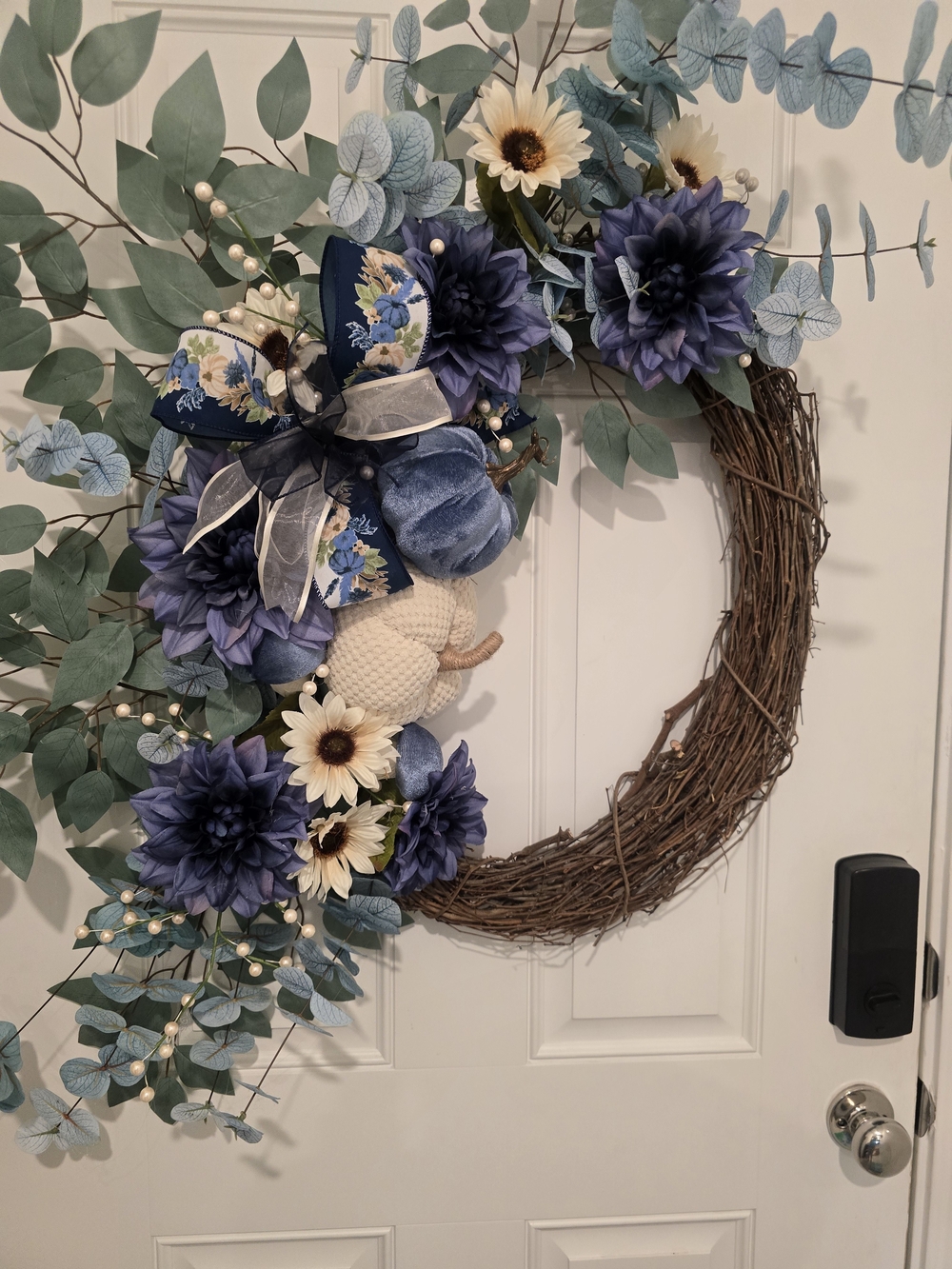 Blue, Sage & Cream Floral Grapevine Wreath Fall